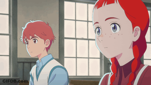 A Boy And A Girl With Red Hair Are Sitting Next To Each Other In Front Of A Window GIF