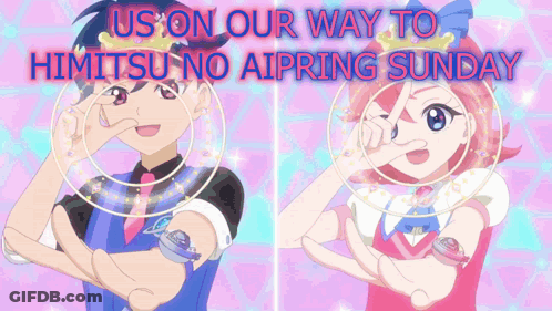 A Boy And A Girl With The Words Us On Our Way To Himitsu No Aiprin Sunday GIF