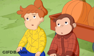 A Boy And A Monkey Are Sitting Next To A Pumpkin GIF