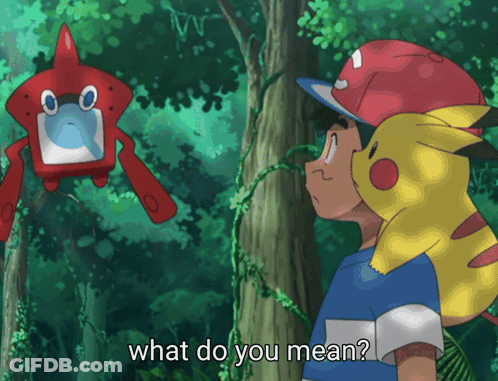 A Boy And A Pikachu Are Looking At A Red Pokemon With The Words What Do You Mean Written Below Them GIF