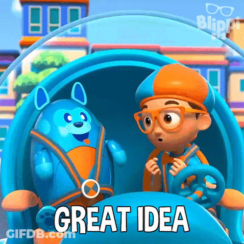 A Boy And A Robot Are Sitting In A Car With The Words Great Idea Written On It GIF
