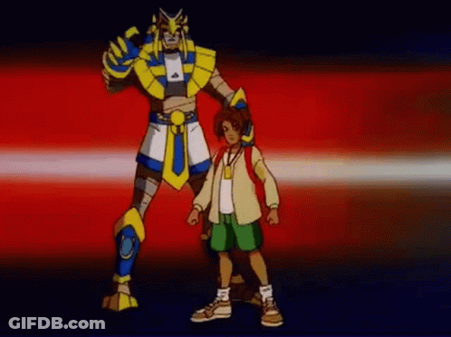 A Boy And A Robot Are Standing Next To Each Other On A Red Background In A Cartoon . GIF