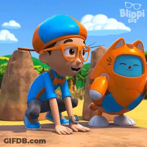 A Boy And A Robot From Blippi Are Kneeling Down GIF