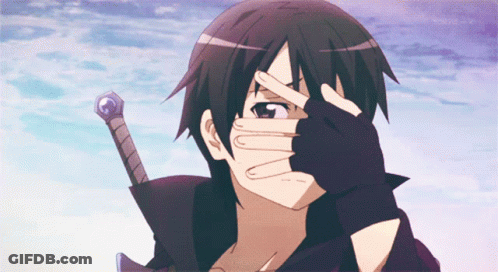 A Boy Covering His Face With His Hand And Holding A Sword GIF