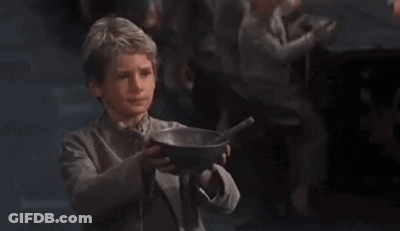A Boy Holding A Bowl Of Soup With The Words I Want Some Less GIF