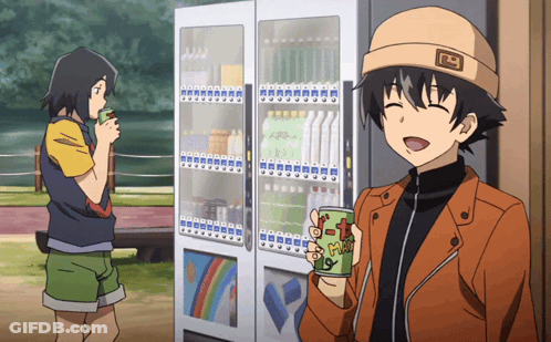 A Boy Holding A Cup That Says ' Hot ' On It Stands In Front Of A Vending Machine GIF