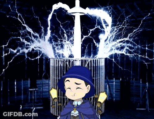 A Boy In A Blue Cape Stands In Front Of A Cage With Lightning Coming From It GIF
