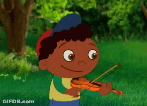 A Boy In A Blue Hat Is Playing A Violin In The Grass GIF