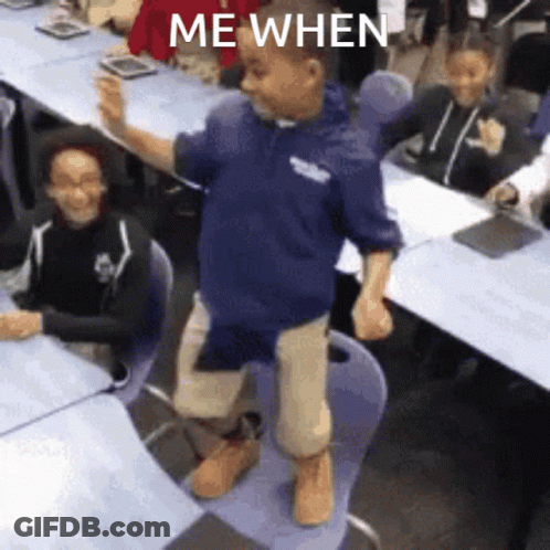 A Boy In A Blue Hoodie Is Dancing In A Classroom With The Words " Me When " On The Bottom GIF