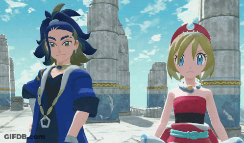 A Boy In A Blue Jacket And A Girl In A Red Dress Are Standing Next To Each Other GIF