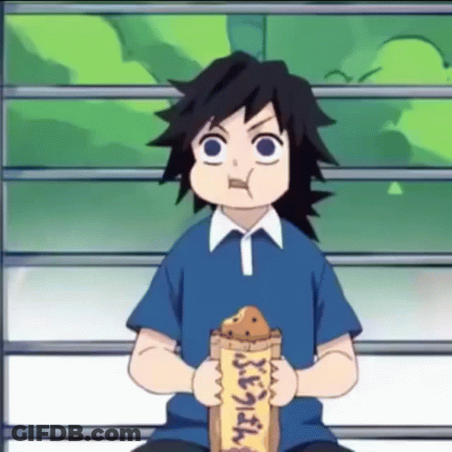 A Boy In A Blue Shirt Is Sitting On A Bench Eating A Bag Of Food . GIF