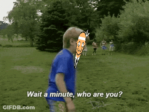 A Boy In A Blue Shirt Is Standing In A Grassy Field And Says Wait A Minute Who Are You ? GIF