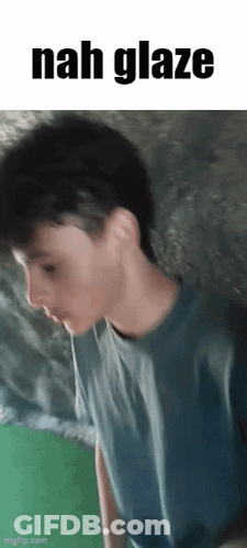A Boy In A Blue Shirt Is Standing In Front Of A Green Background With The Words Nah Glaze On It GIF