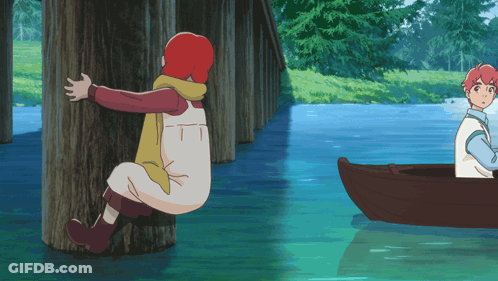 A Boy In A Boat Is Looking At A Girl Sitting On A Wooden Post GIF