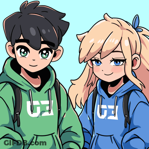 A Boy In A Green Hoodie And A Girl In A Blue Hoodie With The Letter G On The Front GIF