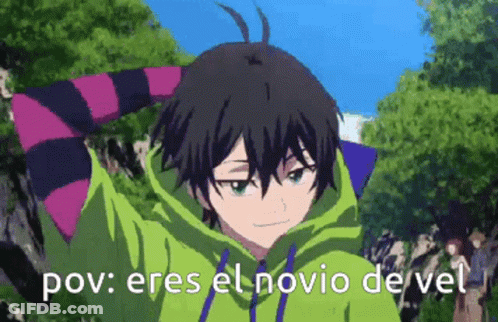 A Boy In A Green Hoodie Is Standing In Front Of Trees And Says Pov Eres El Novio De Vel GIF