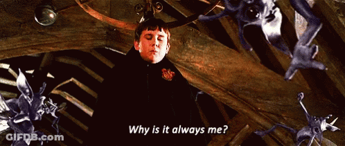 A Boy In A Harry Potter Costume Is Asking Why Is It Always Me GIF