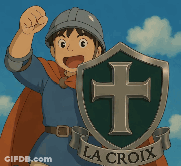 A Boy In A Helmet Holds A Shield With A Cross On It That Says La Croix GIF