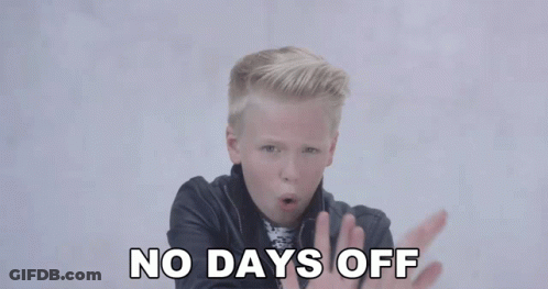 A Boy In A Leather Jacket Says " No Days Off " In White Letters GIF