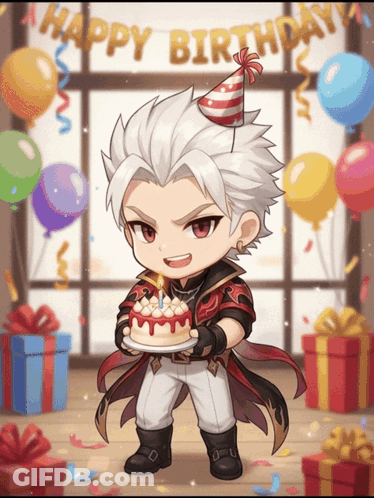 A Boy In A Party Hat Is Holding A Birthday Cake In Front Of A Happy Birthday Banner GIF