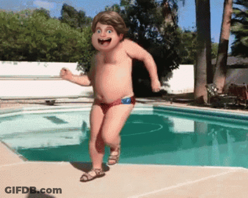 A Boy In A Red And Blue Swim Trunks Is Running Into A Swimming Pool GIF