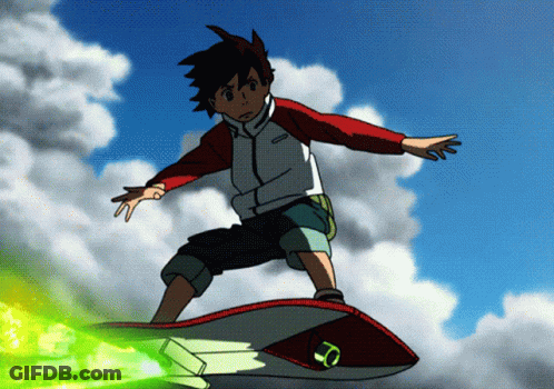 A Boy In A Red And White Jacket Is Riding A Skateboard In The Sky GIF