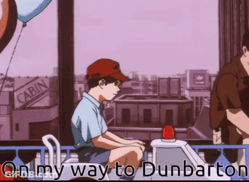 A Boy In A Red Hat Sits On A Balcony With The Words " On My Way To Dunbarton " Above Him GIF