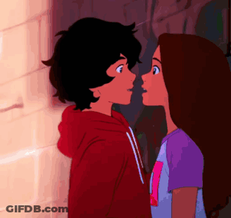 A Boy In A Red Hoodie And A Girl In A Purple Shirt Are Kissing Each Other GIF
