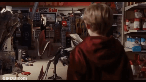 A Boy In A Red Hoodie Stands In Front Of A Store With A Sign That Says Bargains On It GIF