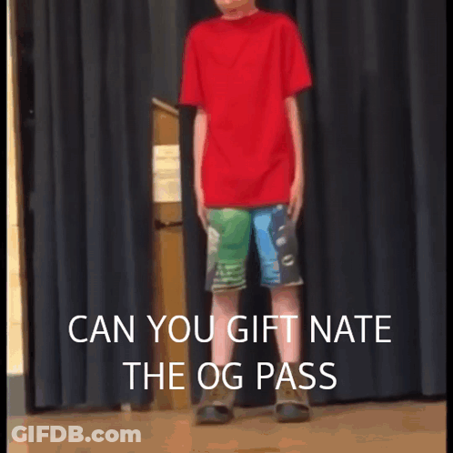 A Boy In A Red Shirt And Shorts Is Standing In Front Of A Black Curtain With The Words Can You Gift Nate GIF