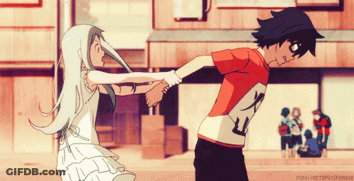 A Boy In A Red Shirt Is Holding A Girl 'S Hand In An Anime Scene GIF