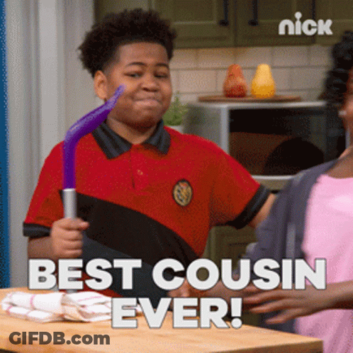 A Boy In A Red Shirt Is Holding A Purple Object And The Words Best Cousin Ever Are Below Him GIF