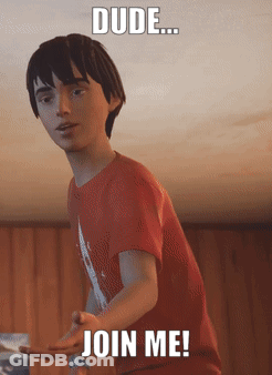A Boy In A Red Shirt With The Words Dude Join Me Below Him GIF