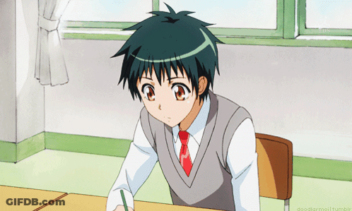 A Boy In A School Uniform Sits At A Desk With A Pencil In His Hand GIF