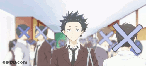 A Boy In A Suit And Tie Is Standing In A Crowd Of People With Crosses On His Face . GIF