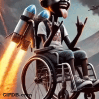 Boy In Wheelchair With Rocket On Back GIF