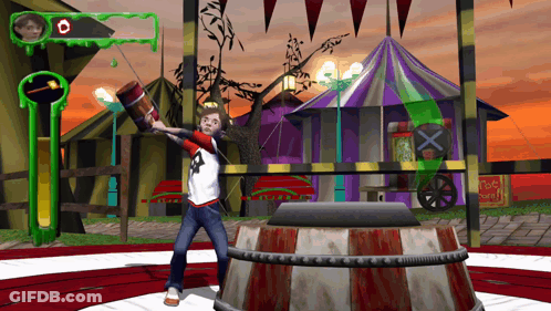 A Boy In A White Shirt With The Letter A On It Is Holding A Hammer In A Video Game GIF