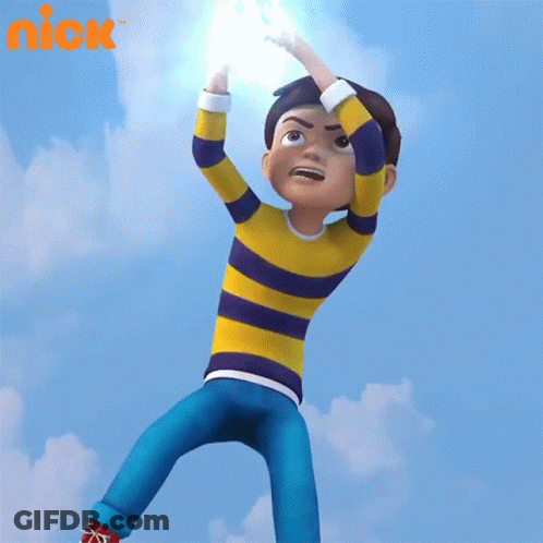 A Boy In A Yellow And Purple Striped Shirt Is Jumping In The Air With A Nick Logo Behind Him GIF