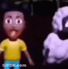 A Boy In A Yellow Shirt And Blue Pants Is Standing Next To A Purple And White Cartoon Character . GIF