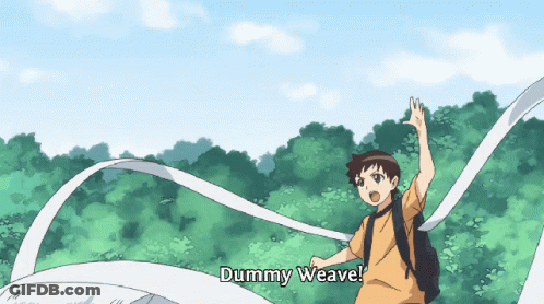 A Boy In A Yellow Shirt Is Holding A Long White Ribbon With The Words Dummy Weave Below Him GIF