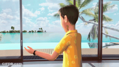 A Boy In A Yellow Shirt Stands In Front Of A Sliding Glass Door GIF