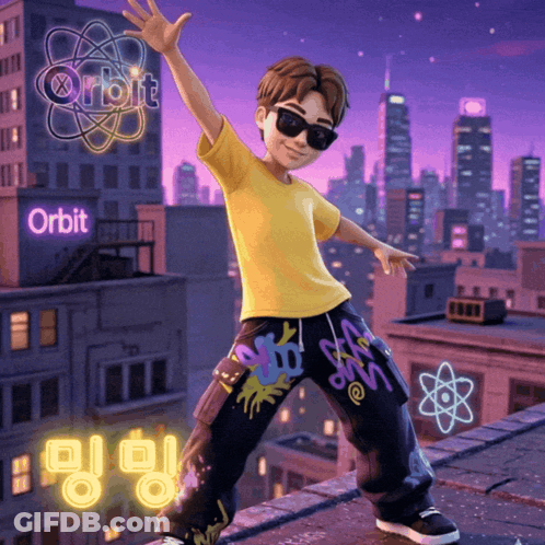 A Boy In A Yellow Shirt Stands On A Rooftop With A Sign That Says Orbit In The Background GIF