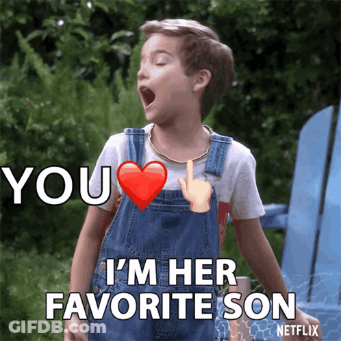 A Boy In Overalls Says " You I 'M Her Favorite Son " In A Netflix Ad GIF