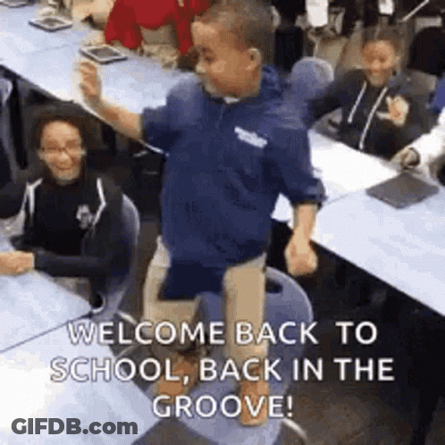A Boy Is Dancing In A Classroom With A Message That Says `` Welcome Back To School , Back In The Groove '' . GIF