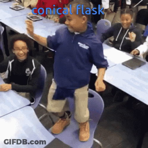 A Boy Is Dancing In A Classroom With The Words Conical Flask Written Above Him GIF