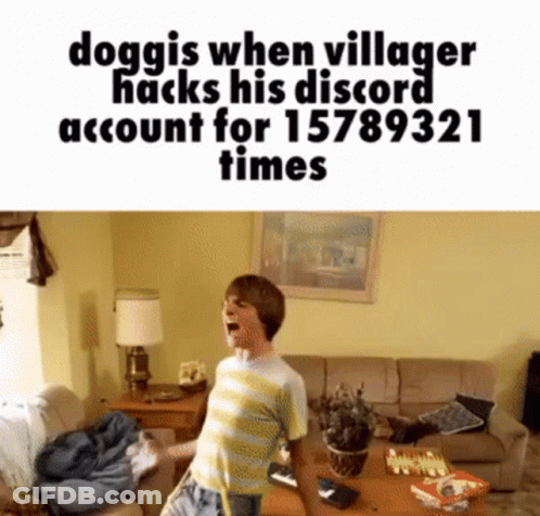A Boy Is Dancing In A Living Room With The Words " Doggies When Villager Hacks His Discord Account GIF