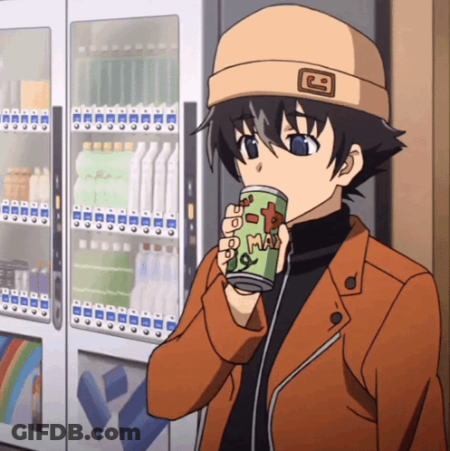 A Boy Is Drinking From A Can That Says Max On It GIF