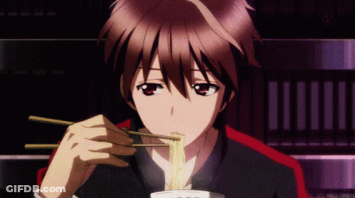 A Boy Is Eating Noodles With Chopsticks And The Word Bellowen Is On The Bottom Right GIF