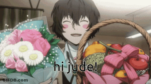 A Boy Is Holding A Bouquet Of Flowers And A Basket Of Fruit And The Words Hi Jude Are Above Him GIF