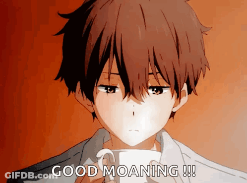 A Boy Is Holding A Cup Of Coffee And Says Good Moaning !!! GIF